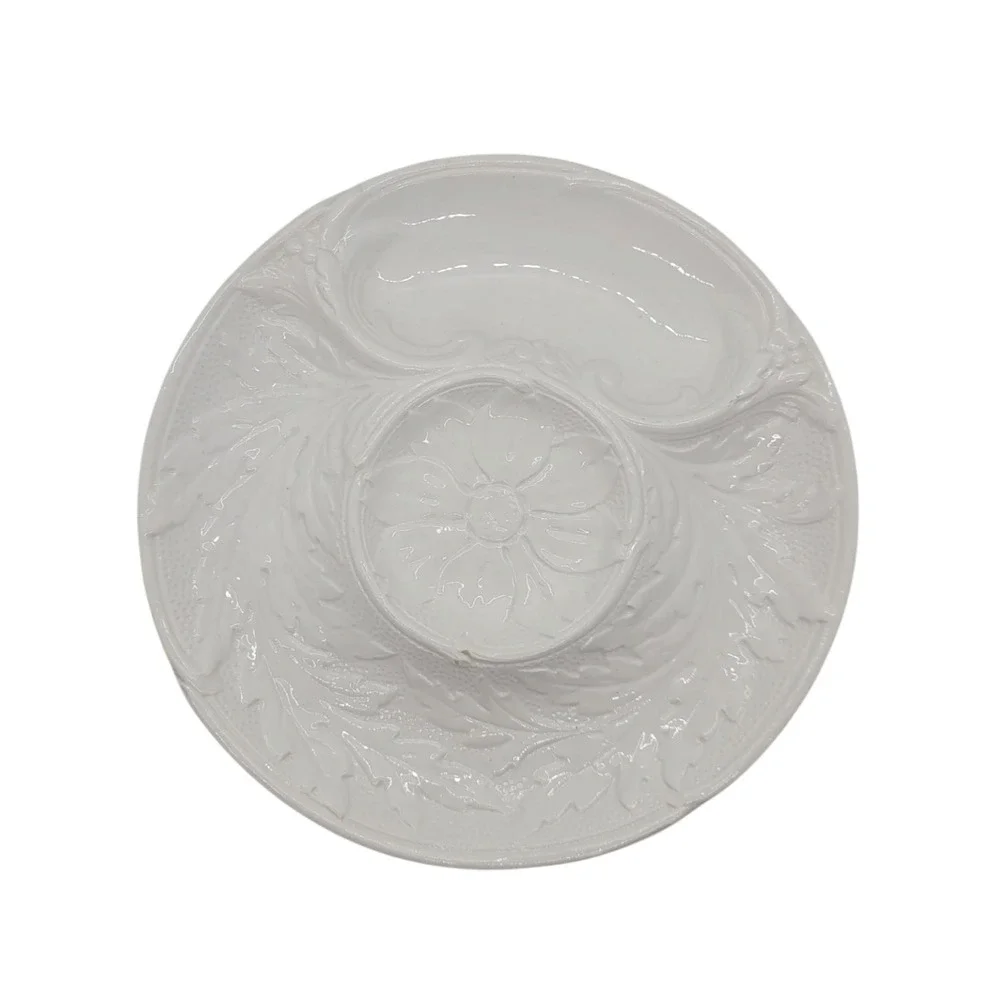 Vintage P.V. France White Majolica Artichoke Plate Floral Embossed Relief 9